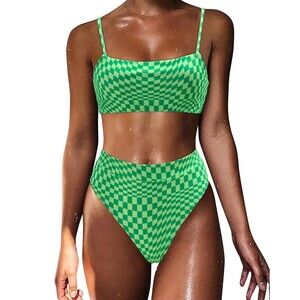 MOSHENGQI Women High Cut Bikini Push Up Bandeau Swimsuits (L, Neon Green)